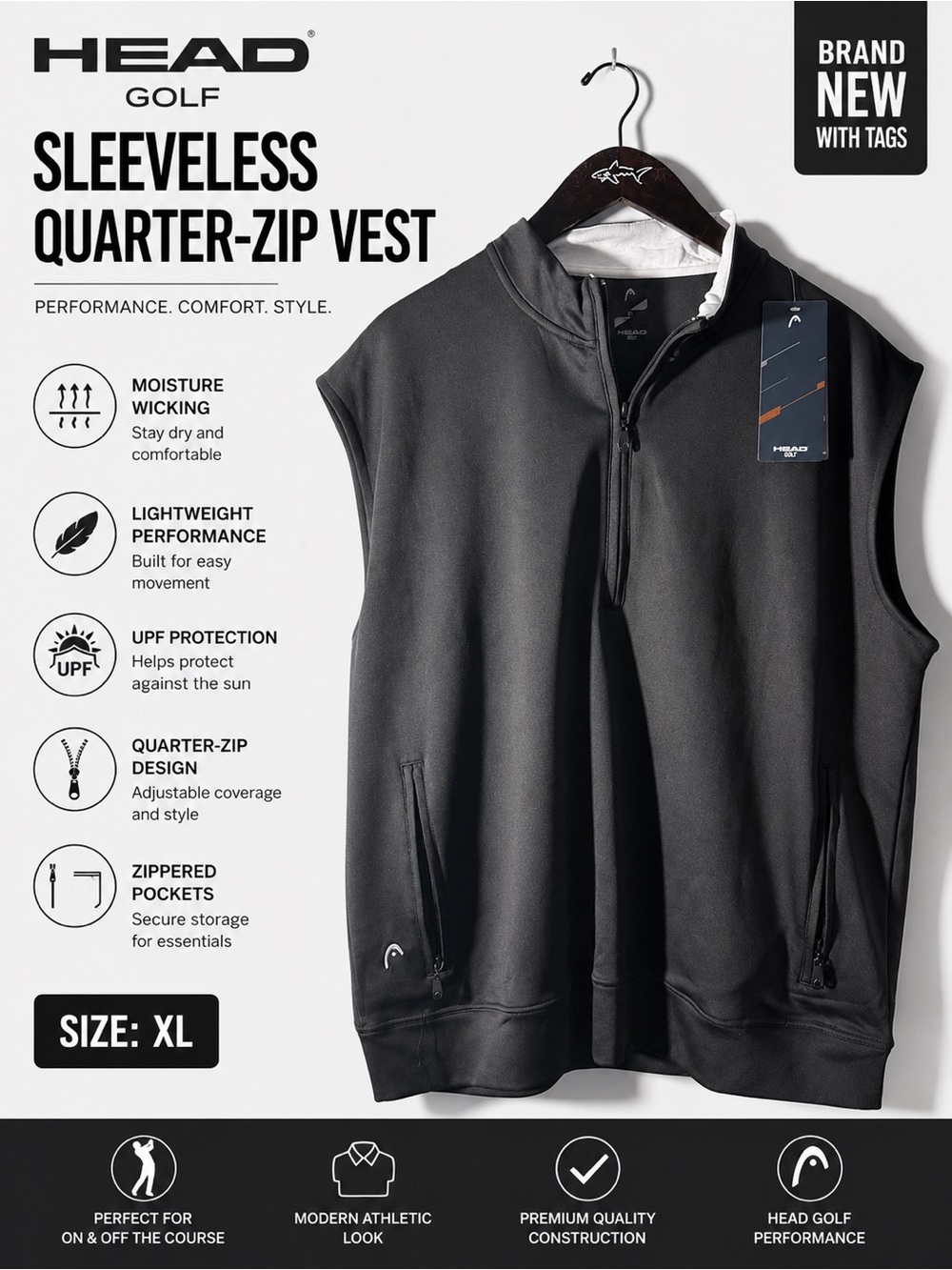 NWT HEAD Golf Men’s Performance Quarter Zip Sleeveless Vest Gray Size XL
